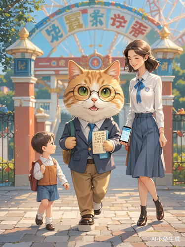 拟人猫穿西服在游乐园门口与小朋友互动