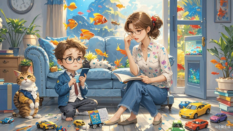 时尚妈妈与顽皮男孩的家居生活与拟人猫的幽默陪伴