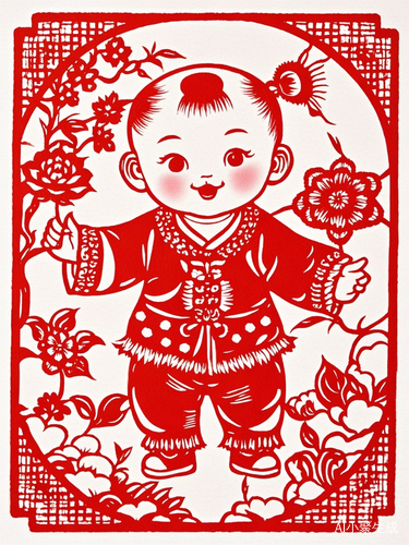 极简红色中国剪纸童子扁平化矢量图设计