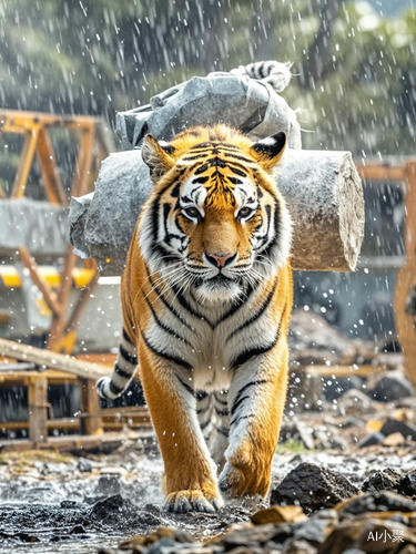 雨中工地上老虎背水泥的高清画像