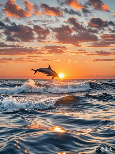 海边晚霞下的夕阳红与跃海豚