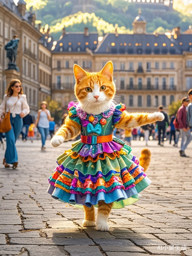小花猫穿着礼服在广场跳舞的欢快时刻