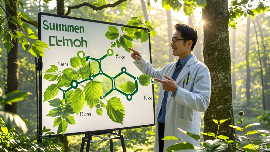 夏日森林中科学家讲解叶绿素的奥秘