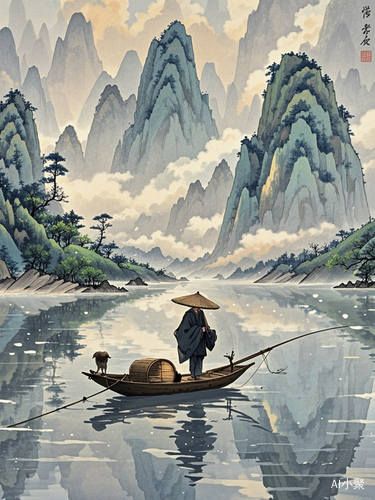 用中国画山水画的技法，画一幅画，在广阔的江面上，有一片孤舟，有一个老翁在垂钓。千山鸟飞绝，万径人踪灭。孤舟蓑笠翁，独钓寒江雪。