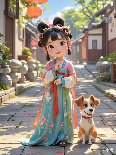 Tang Dynasty 5-year-old girl,depicted in Pixar Style, wearing Tang costume (Hanfu),full-body, looking up with a cheek rested on her hand,accompanied by a pet, against a solid background, clean and tidy, featuring Ul design, emoticons, rendered in 3D, a masterpiece in 8K resolution, with an aperture group of f9, aspect ratio 3:4,and noise level 6niji 6s 750style raw!