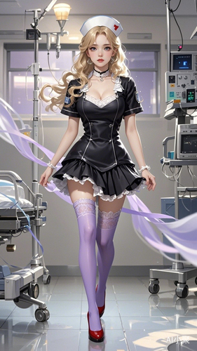 masterpiece,best quality,1girl,(colorful),lace trim,lace edge,Light Purple pantyhose,black skirt,gray pantyhose for legs,eardrop,pendant necklace,blond hair,red high-heeled shoes,(delicate eyes and face),volumatic light,ray tracing,bust shot,extremely detailed CG unity 8k wallpaper,solo,smile,intricate skirt,light,fantasy,windy,(full body:1.3), in ICU , nurse