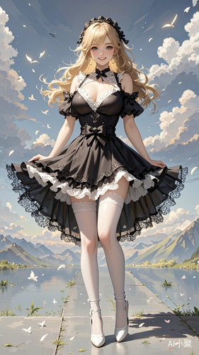 chuanda, masterpiece,best quality,1girl,(colorful),lace trim,lace edge,black stockings,black skirt,Silk stockings for legs,eardrop,pendant necklace,blond hair,high-heeled shoes,(delicate eyes and face),volumatic light,ray tracing,bust shot,extremely detailed CG unity 8k wallpaper,solo,smile,intricate skirt,light,fantasy,windy,(full body:1.3),white pantyhose，站立，两腿分开站立