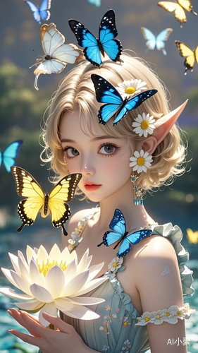 best quality，masterpiece，16k，1girl,Butterflies on the Head,Butterfly on shoulder, antennae,Butterfly in hand, blonde hair, blue butterfly, blue flower, blue wings, blurry, blurry background, blurry foreground, butterfly, butterfly hair ornament, butterfly on hand, butterfly wings, daisy, depth of field, earrings, fairy, fairy wings, flock, flower, flying, garden, glowing, glowing butterfly, glowing wings, hair ornament, ice wings, insect wings, lily \(flower\), lotus, motion blur, multicolored wings