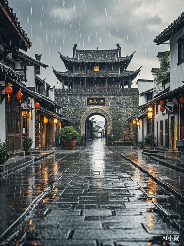 下雨时一个小古城那你古香古色地面上有许多技术没有人是一条长长的古城。