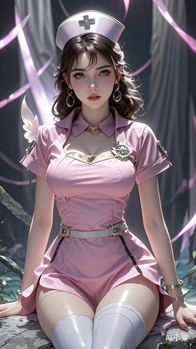 Ethereal Pink Nurse Warrior: A delicate and strong female warrior in a pink nurse outfit, her figure graceful and enigmatic, with a sense of otherworldly beauty and valor.[^0^]