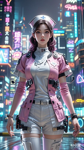 Cyber-Punk Nurse of Dreams: A high-tech nurse in a futuristic pink uniform, her attire a blend of medical and combat gear, ready to fight and heal in a neon-lit cityscape.[^4^]