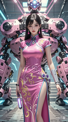 Cyber-Punk Pink Cheongsam Mecha: A futuristic female mech warrior adorned in a high-slit pink cheongsam with intricate neon patterns, embodying the fusion of traditional Chinese elegance and cyberpunk aesthetics.[^0^]