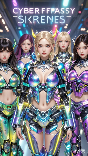 Cyber-Fantasy Sirens: A联动涂装的女团美女机甲，each member exuding a unique aura, with intricate mech suits that shimmer with iridescent colors, embodying the fusion of fantasy and futuristic technology.[^0^]