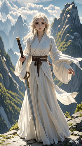 White-Robed Enchantress: A mysterious woman in flowing white garments, her eyes holding the wisdom of the ages, standing atop a mountain peak, with the wind gently billowing her clothes, embodying the spirit of the wandering swordswoman.[^1^]