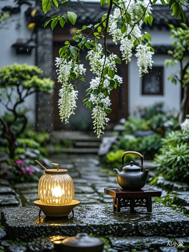 江南老宅，雨后，傍晚，院子里有微弱的灯光，潮湿的青石板地面，院子里的一树流苏如雪，香飘十里醉人心，泡壶茶，过花草为伴的烟火生活！