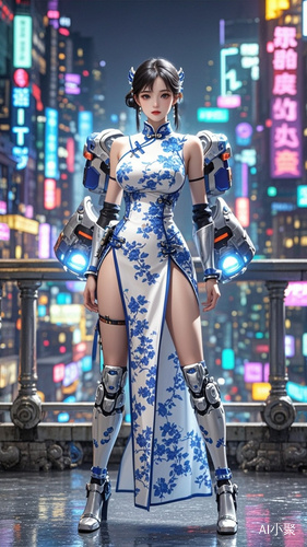 Cyberpunk Blue-and-White Porcelain Mecha Pilot in Urban Landscape