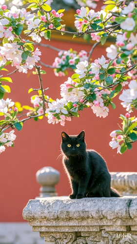 红色宫墙外的海棠花与黑色小猫