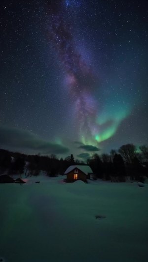 蓝紫绿色的北极极光，天空飘着雪，远处有小屋，