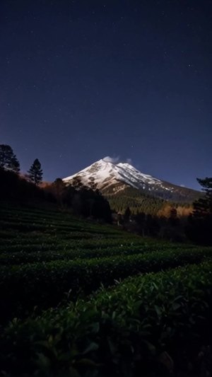 月亮 茶田 山 夜景