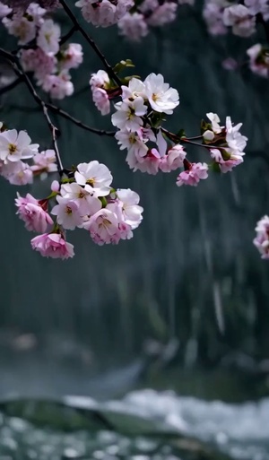 桃花、流动的水、下雨天