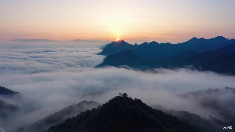 清晨云雾缭绕的山景与初升太阳