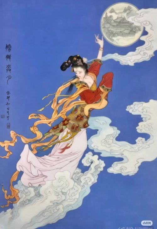 一位仙女飞上天空，衣服随风飘动，云朵环绕