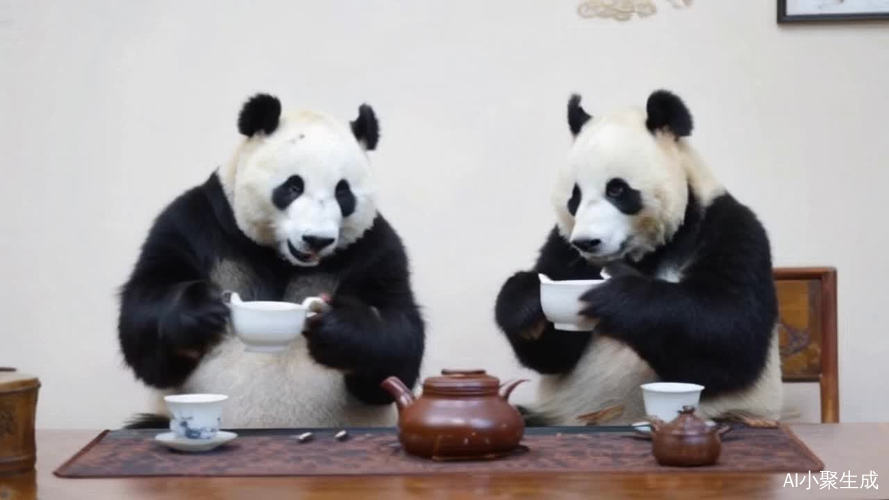 两只穿汉服的熊猫在茶桌上泡老白茶