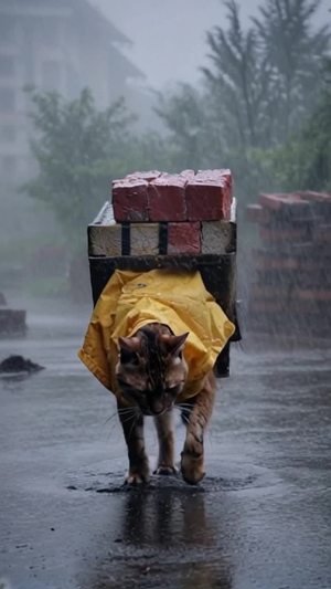 一只行走在大雨中穿着工地黄色工装的咖啡猫，身上扛着砖块，雨水淋湿了全身。