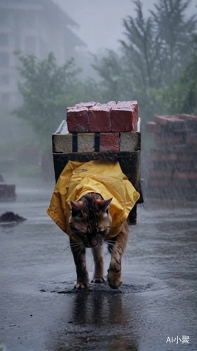 雨中行走的咖啡猫扛着砖块的工地打工故事