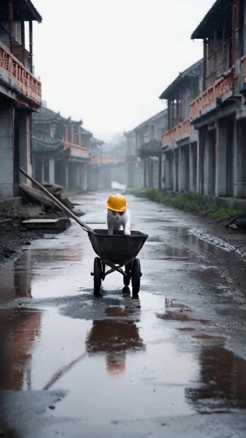 在一个下雨天一只可爱的橙色猫咪戴着建筑头盔,在建筑工地推着满载水泥的手推车。这是一段来自中国短剧的真实视频剪辑,拥有优美的照明和情感氛围。角色设计采用了吉卜力工作室的风格,结合3D动画风格。镜头具有电影感,通过景深和色彩分级营造出一种照片般真实、充满情感的感觉和表达。