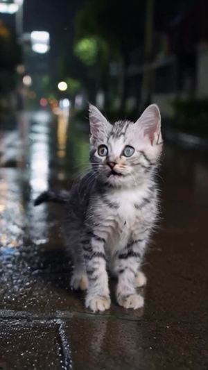 在这个阴沉的傍晚，天空被厚重的乌云覆盖着，细雨如丝般地从天而降，轻轻地打湿了街道上的每一处角落。在这样的天气里，大多数人都已经回到了温暖的家中，但有一只小猫却孤零零地游荡在街头。nn这只猫咪毛色是浅灰色与白色相间，它的毛发因为雨水的浸透而紧紧贴在瘦弱的身体上，显得更加黯淡无光。它的眼睛大而明亮，在昏暗的光线中闪烁着不安与好奇的光芒。它的耳朵半垂着，偶尔会因声音或动静而微微转动，显示出它对周围环境的高度警觉。nn小猫的步伐轻盈而谨慎，每一步都小心翼翼地踩在湿漉漉的地面上，试图寻找一处可以避雨的地方。偶尔，它会停下来，用鼻子嗅探空气中的气味，或是舔一舔自己湿润的前爪。它似乎在寻找食物或者一个可以暂时安身的小窝。nn在这样的雨夜中，小猫的身影显得格外孤单。它的尾巴偶尔会卷曲起来，仿佛是在寻求一丝安慰。尽管如此，它的眼神中依然流露出一种坚韧不拔的精神，似乎在告诉每一个路过的人：“虽然我此刻无家可归，但我不会放弃希望