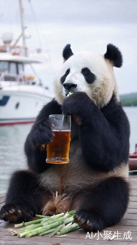 大熊猫在游艇上吃竹子喝啤酒