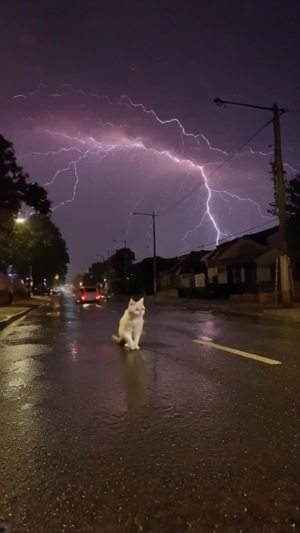 下着大雨，猫咪走在路上，湿淋淋