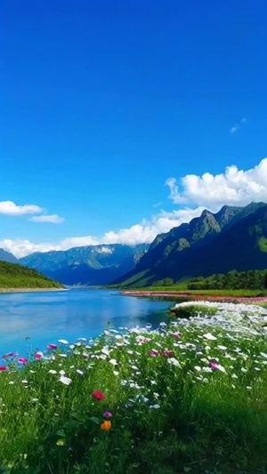 蓝天白云青山绿水，马路两边一片花海