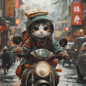 猫咪骑摩托穿街送外卖的趣味故事