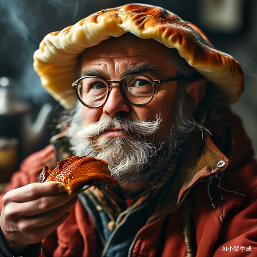 蘑菇头男士胡子邋遢戴眼镜品尝北京烤鸭
