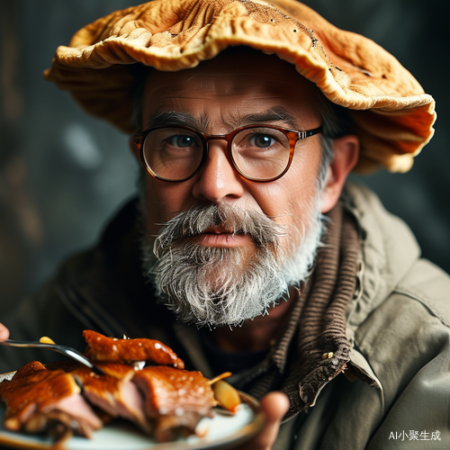 蘑菇头男士胡子邋遢戴眼镜品尝北京烤鸭