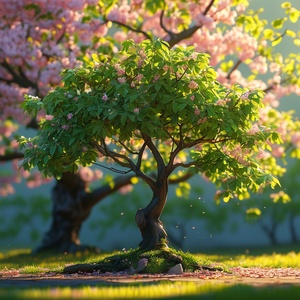 一颗枝繁叶茂绿叶盛开的小树和一棵樱花树，，阳光洒落地面，广角镜头，超真实黄绿油油的大树细腻渲染，皮克斯风格，超高清画质，8k