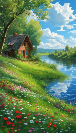 In spring, there is a beautiful view of cottages, green grass and flowers near the river; The forest beauty of blue sky and white clouds; Realistic country house scenes in the countryside; Bright colors, tone, light and shadow, high-definition photography, with ultra-high resolution, high detail, super quality, high definition.