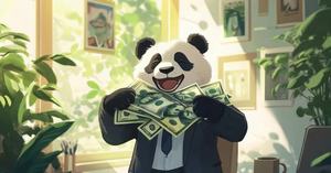 职场幸福感大熊猫兴奋拥抱现金享受阳光办公室