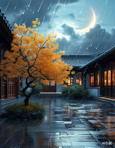 雨润桂花庭院月隐云层的中国古代风景