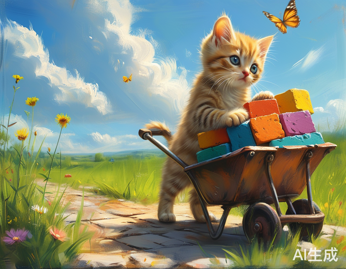 小猫推拉砖车在阳光下的可爱场景