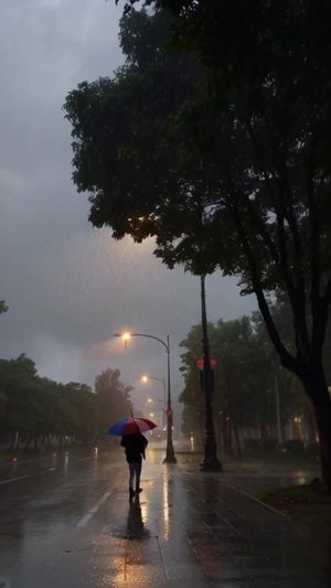 下雨天打伞走在树下抬头看路灯