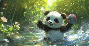 可爱大熊猫泳衣嬉戏溪水中阳光花海竹林