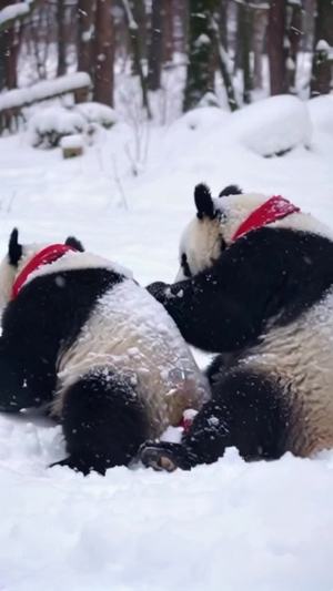 两只大熊猫在雪地里玩耍嬉戏