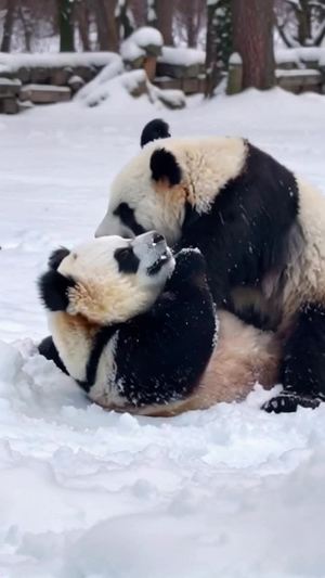 两只大熊猫开心的在雪地里嬉闹着打滚儿，