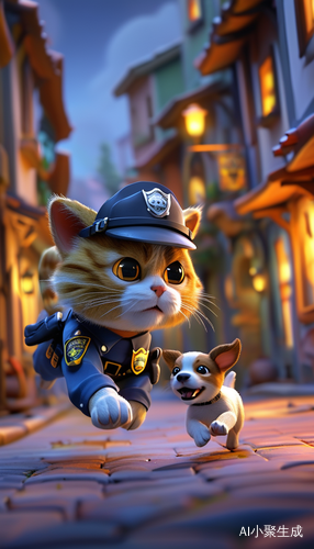 神秘小镇上警员猫咪追逐小狗