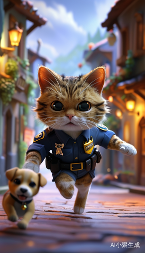 神秘小镇上警员猫咪追逐小狗
