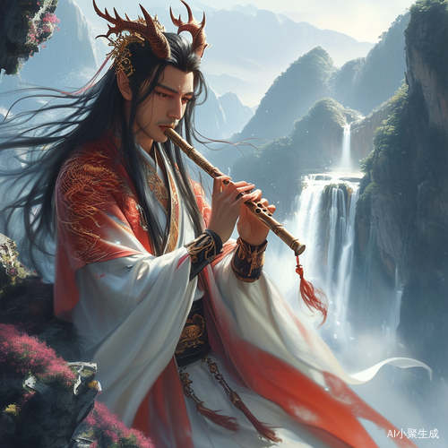 中国风高山龙角男人吹笛与瀑布之景