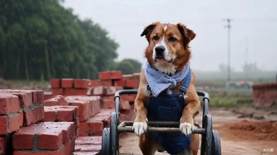 工地上的泪犬穿工装裤推车搬砖大雨中